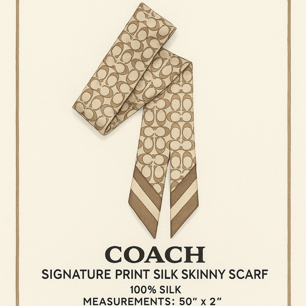 NEW Coach Signature Print Silk Skinny Scarf Bone C8363 NWT